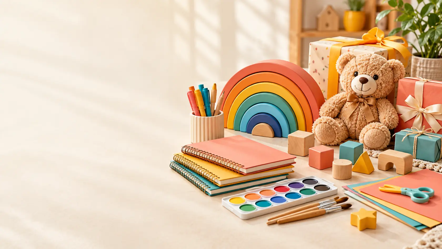 A warm collection of toys, gifts, notebooks and art supplies